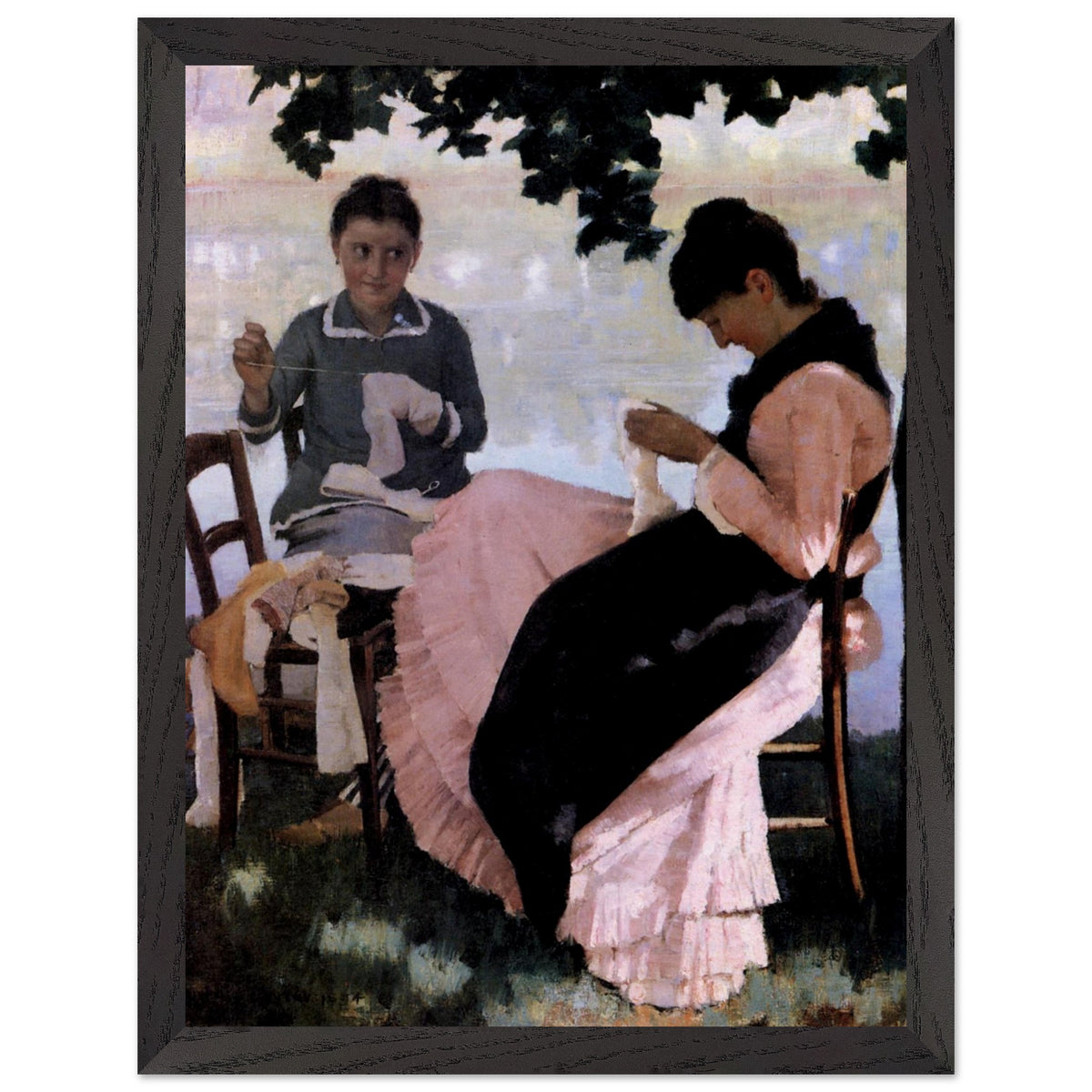 Sewing in the Shade by John Lavery print in a dark wooden frame, straight-on view