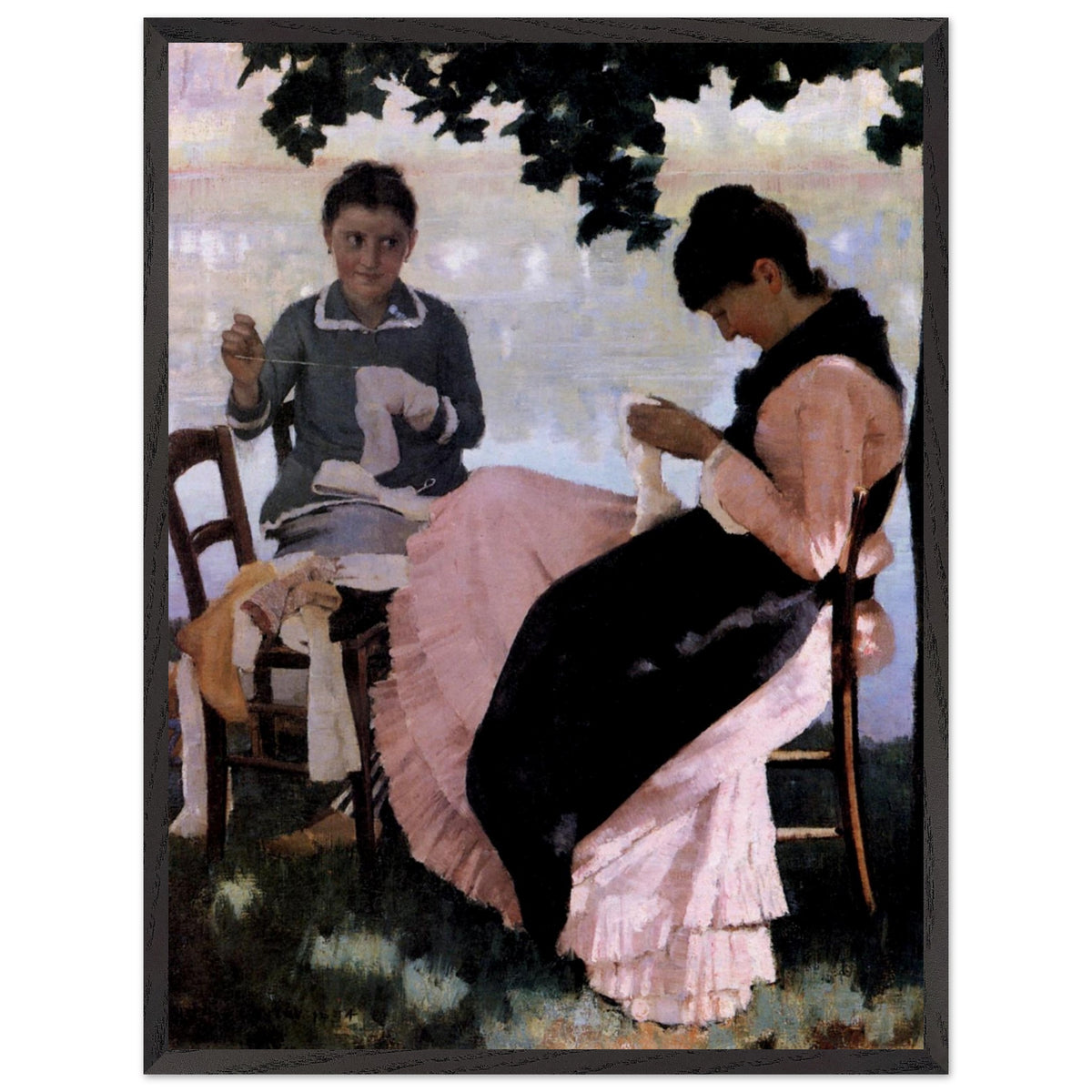 Sewing in the Shade by John Lavery print in a slim black frame, Irish Impressionist garden scene