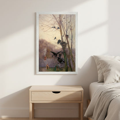 Shades of Evening by Mildred Anne Butler in a white frame above a bedside table in a calm bedroom