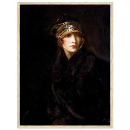 Sir John Lavery The Gold Turban portrait in a natural wood frame, pale face under a golden headwrap