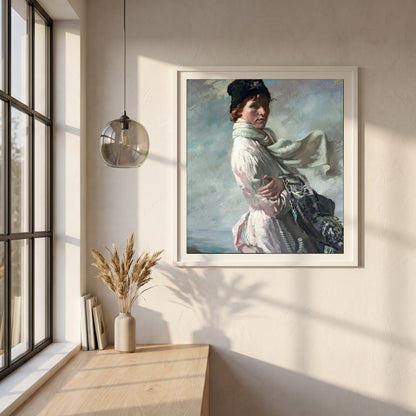 William Orpen framed print in a white frame on a plaster wall above an oak worktop in a bright Scandinavian kitchen