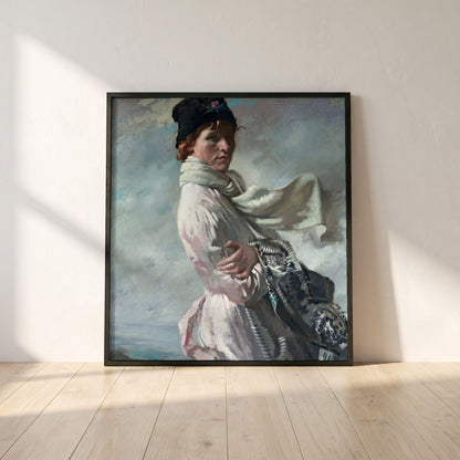 William Orpen framed print in a black frame leaning against a white plaster wall on oak floorboards in morning light