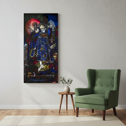 The Song of the Mad Prince canvas print on a grey wall beside a green armchair and side table