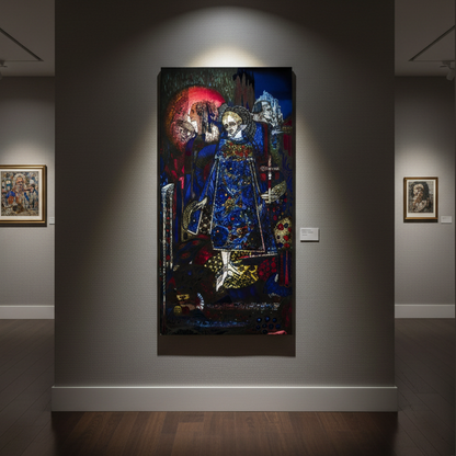 Buy Irish Art gallery with a large colorful Harry Clarke canvas on the wall, surrounded by smaller framed artworks.