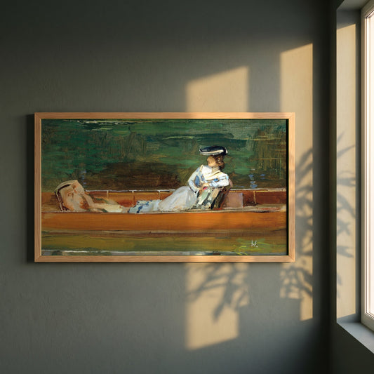 Summertime framed print in a natural oak frame on a dark green wall beside a window, dappled plant shadow