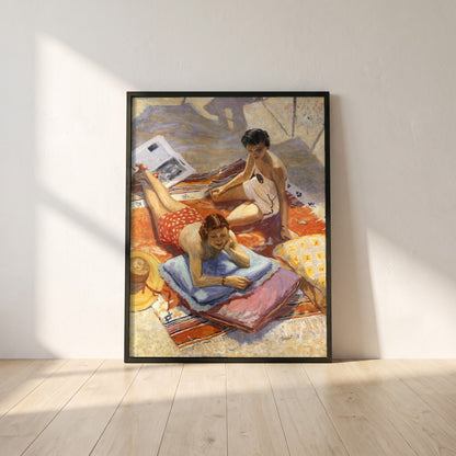 Sunbathers framed print in a black frame leaning against a white plaster wall on oak floorboards in morning light