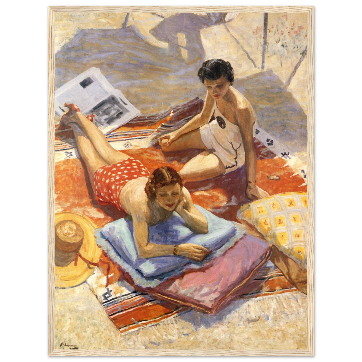 Sunbathers by Sir John Lavery in a light oak frame on a plain white background