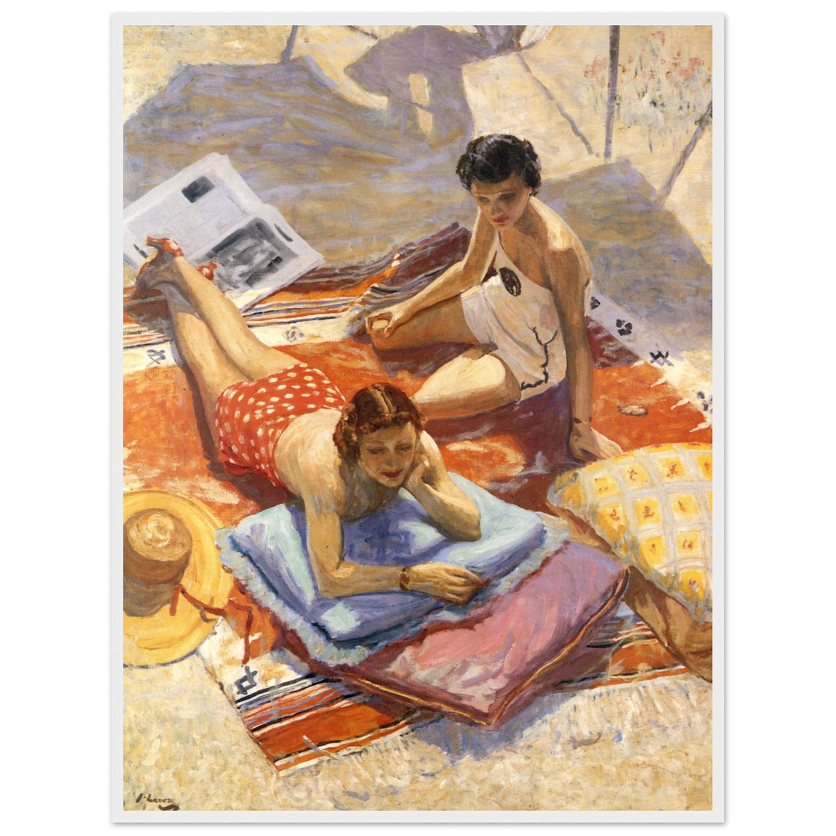 Sunbathers by Sir John Lavery in a white frame, 1930s beach scene