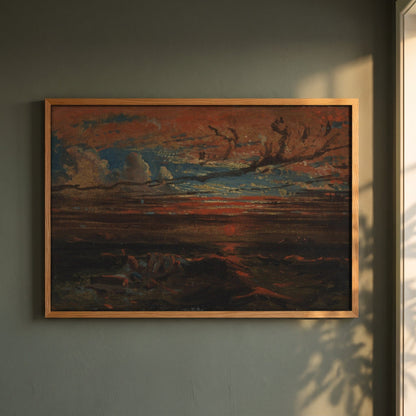Sunset at Sea After a Storm framed print in a natural oak frame on a dark green wall beside a window, dappled plant shadow