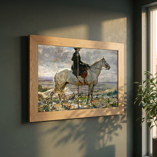 The Amazon framed print in a natural oak frame on a dark green wall beside a window, dappled plant shadow