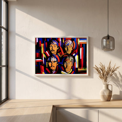The Beatles Fab Four framed print in a white frame on a plaster wall above an oak worktop in a bright Scandinavian kitchen
