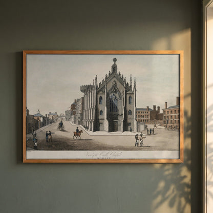 The Chapel Royal, Dublin Castle framed print in a natural oak frame on a dark green wall beside a window, dappled plant shadow