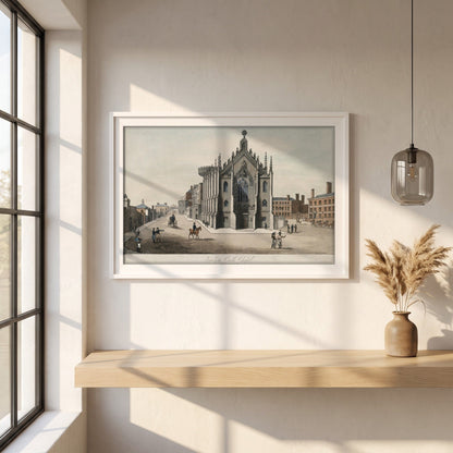 The Chapel Royal, Dublin Castle framed print in a white frame on a plaster wall above an oak worktop in a bright Scandinavian kitchen
