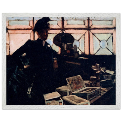 The Cigar Seller at the Glasgow International Exhibition, 1888, by John Lavery in a white frame