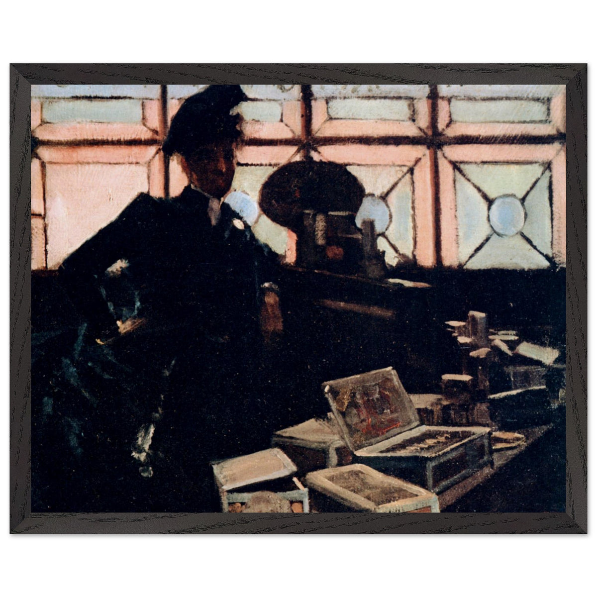 The Cigar Seller by Sir John Lavery in a black frame with a white mount