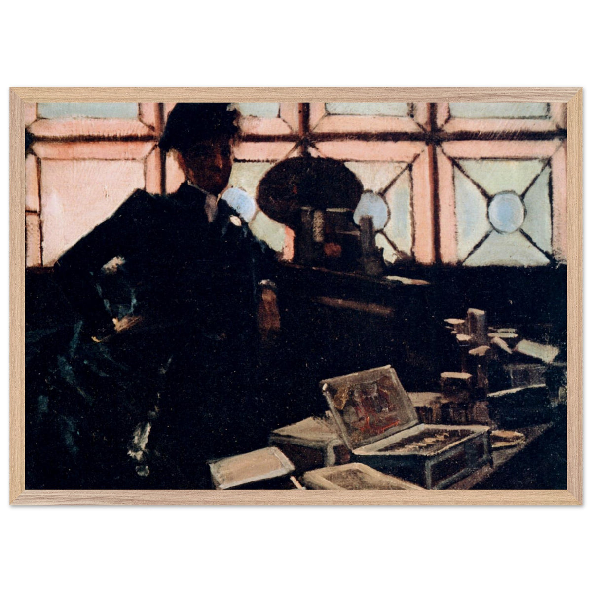 The Cigar Seller by Sir John Lavery in a light oak frame, pink leaded windows behind the stall