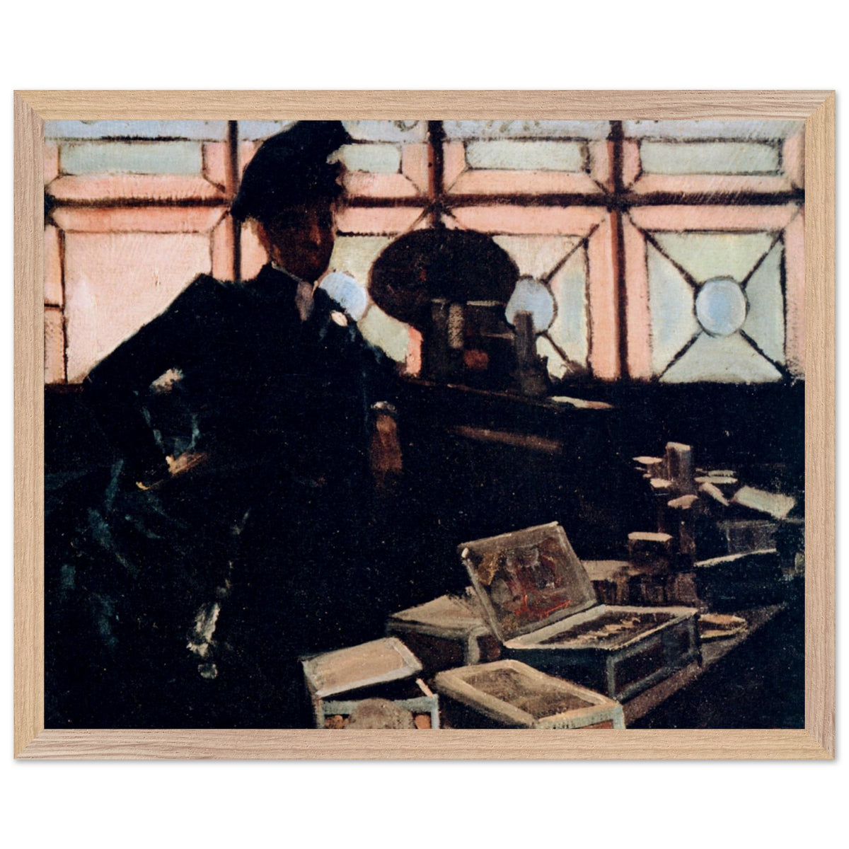 The Cigar Seller by Sir John Lavery in a natural oak frame