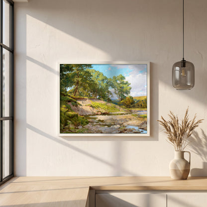 The Deer Park, Powerscourt framed print in a white frame on a plaster wall above an oak worktop in a bright Scandinavian kitchen
