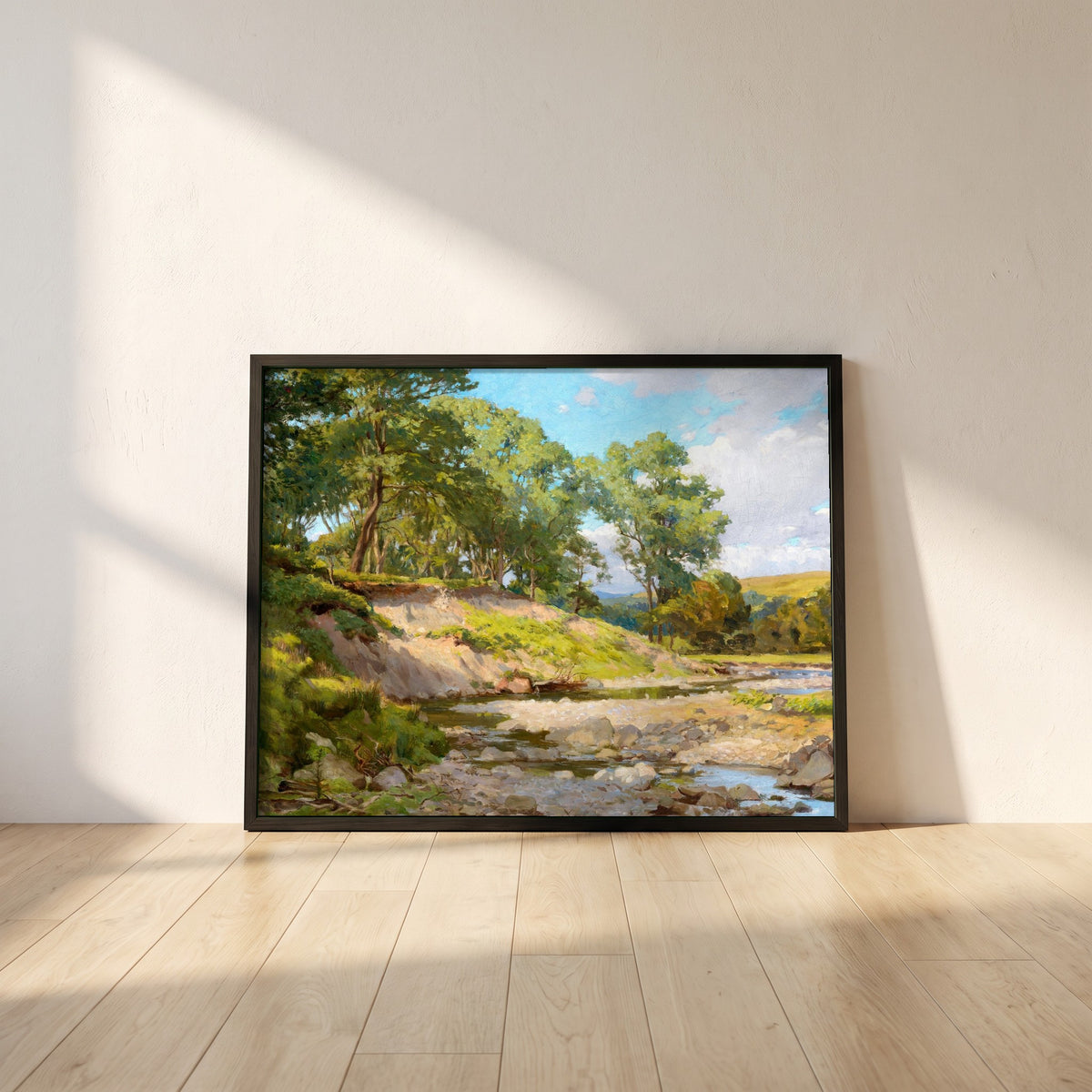 The Deer Park, Powerscourt framed print in a black frame leaning against a white plaster wall on oak floorboards in morning light