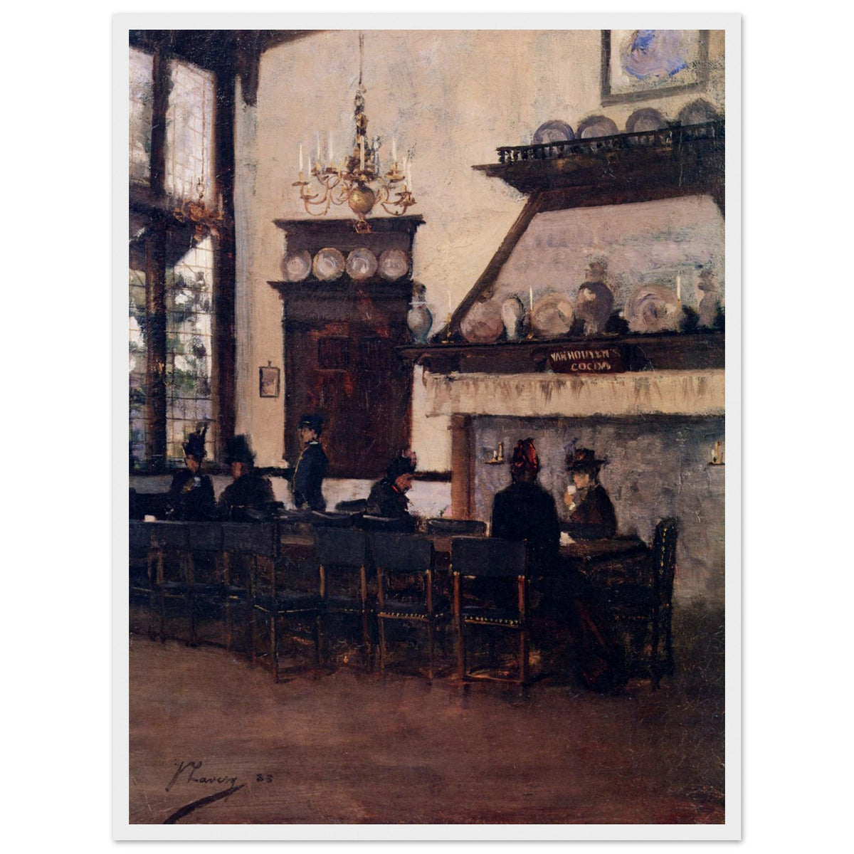 The Dutch Cocoa House by John Lavery print in a pale white frame, figures in a dim tea room