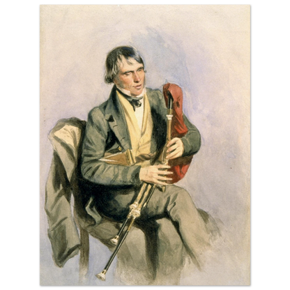 The Galway Piper Paddy Conneely holding uilleann pipes, unframed print with white edge