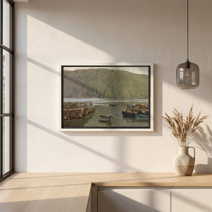 The Harbour, Leenane framed print in a white frame on a plaster wall above an oak worktop in a bright Scandinavian kitchen