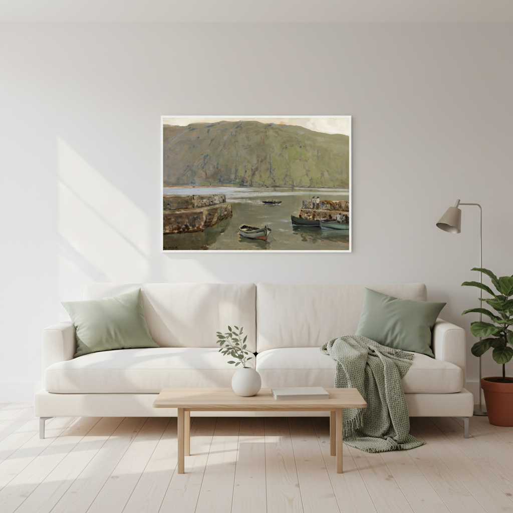 Detail of premium wooden frame and print finish on The Harbour, Leenane by James Humbert Craig Collector’s Edition