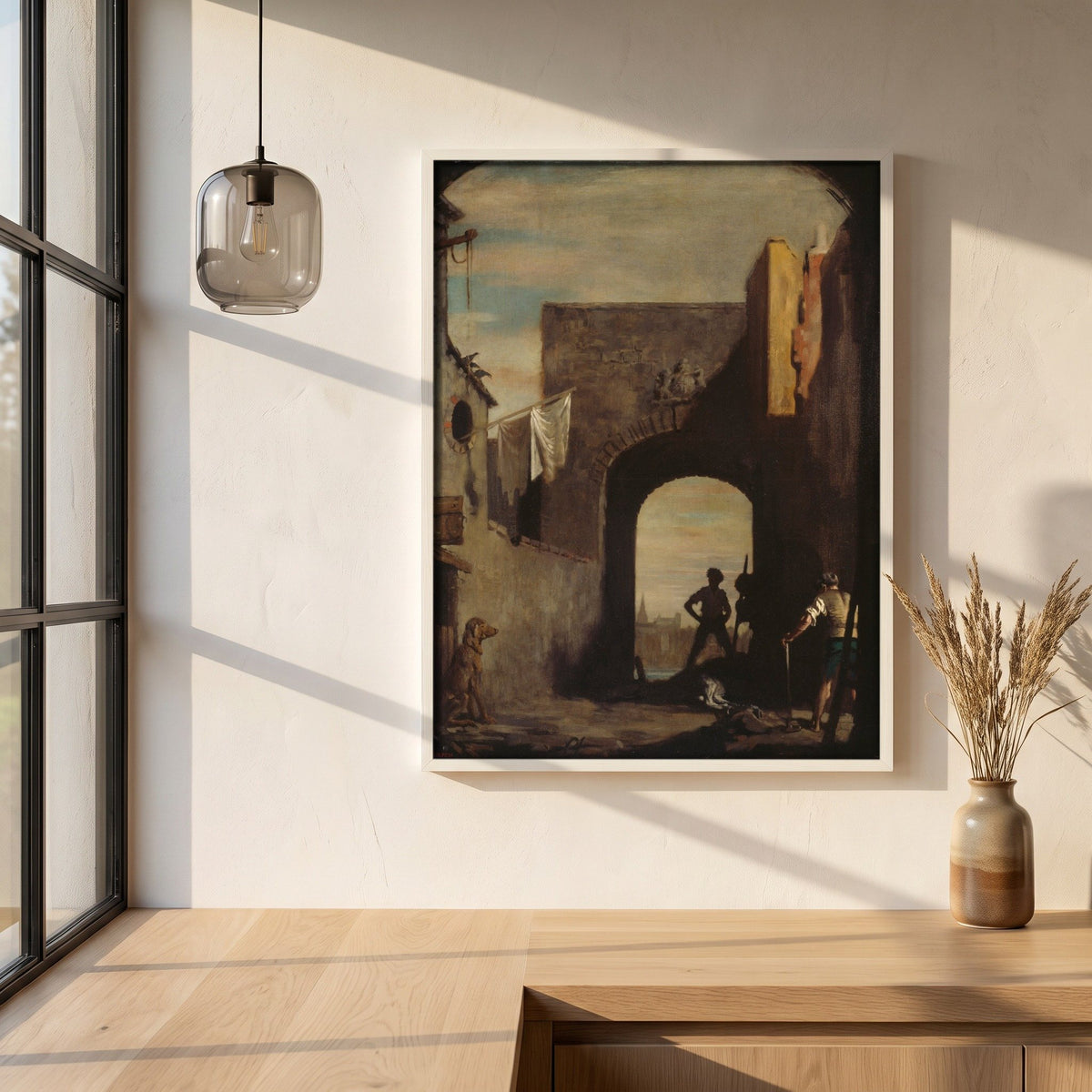 The Knacker's Yard framed print in a white frame on a plaster wall above an oak worktop in a bright Scandinavian kitchen