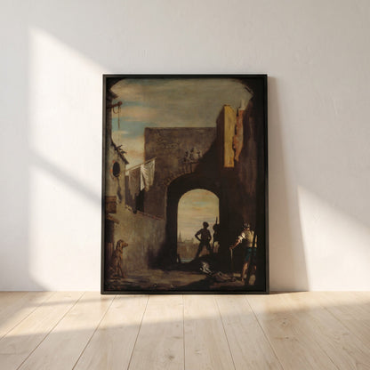 The Knacker's Yard framed print in a black frame leaning against a white plaster wall on oak floorboards in morning light