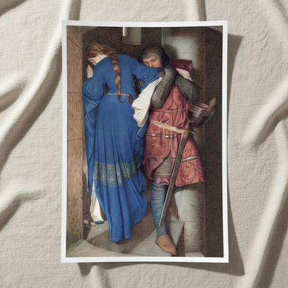 The Meeting on the Turret Stairs unframed print with white border resting on crumpled linen