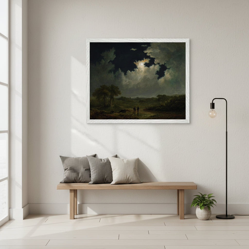 The Poachers (c.1830s) by James Arthur O’Connor in white gallery frame, Irish Romantic landscape art print in a calm Scandinavian interior.