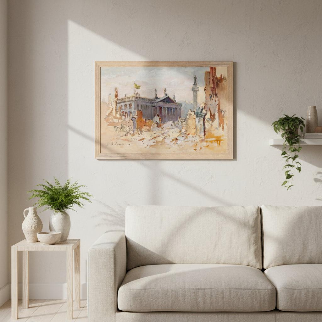 The Ruins of O'Connell Street, 1916 by Edmond Delrenne framed print in an oak frame above a cream sofa beside a plant