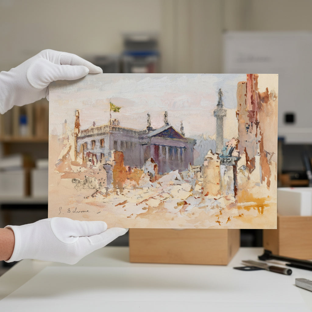 The Ruins of O'Connell Street, 1916 by Edmond Delrenne unframed print held up by hands in white cotton gloves