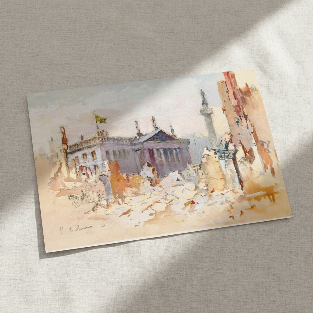 The Ruins of O'Connell Street, 1916 by Edmond Delrenne unframed print on textured paper lying at an angle on linen