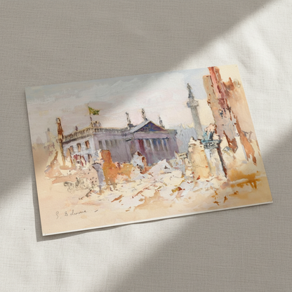 The Ruins of O'Connell Street, 1916 by Edmond Delrenne unframed print on textured paper lying at an angle on linen