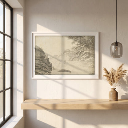 The Salmon Leap, Leixlip framed print in a white frame on a plaster wall above an oak worktop in a bright Scandinavian kitchen