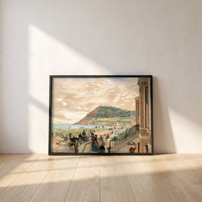 The Seafront at Bray framed print in a black frame leaning against a white plaster wall on oak floorboards in morning light