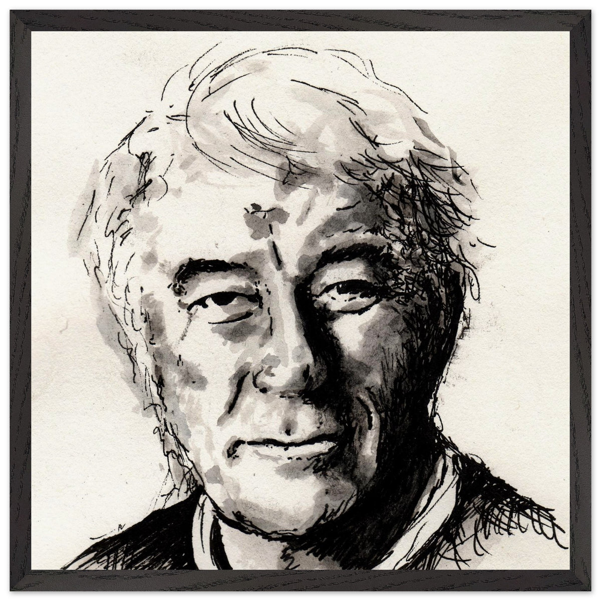 Seamus Heaney portrait The Squat Pen in a large black frame, straight-on view