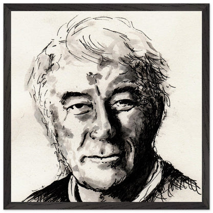 Seamus Heaney portrait The Squat Pen in a large black frame, straight-on view