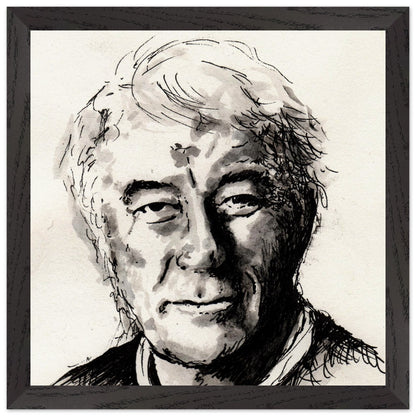 Seamus Heaney portrait The Squat Pen in a black frame, ink drawing of the Irish poet