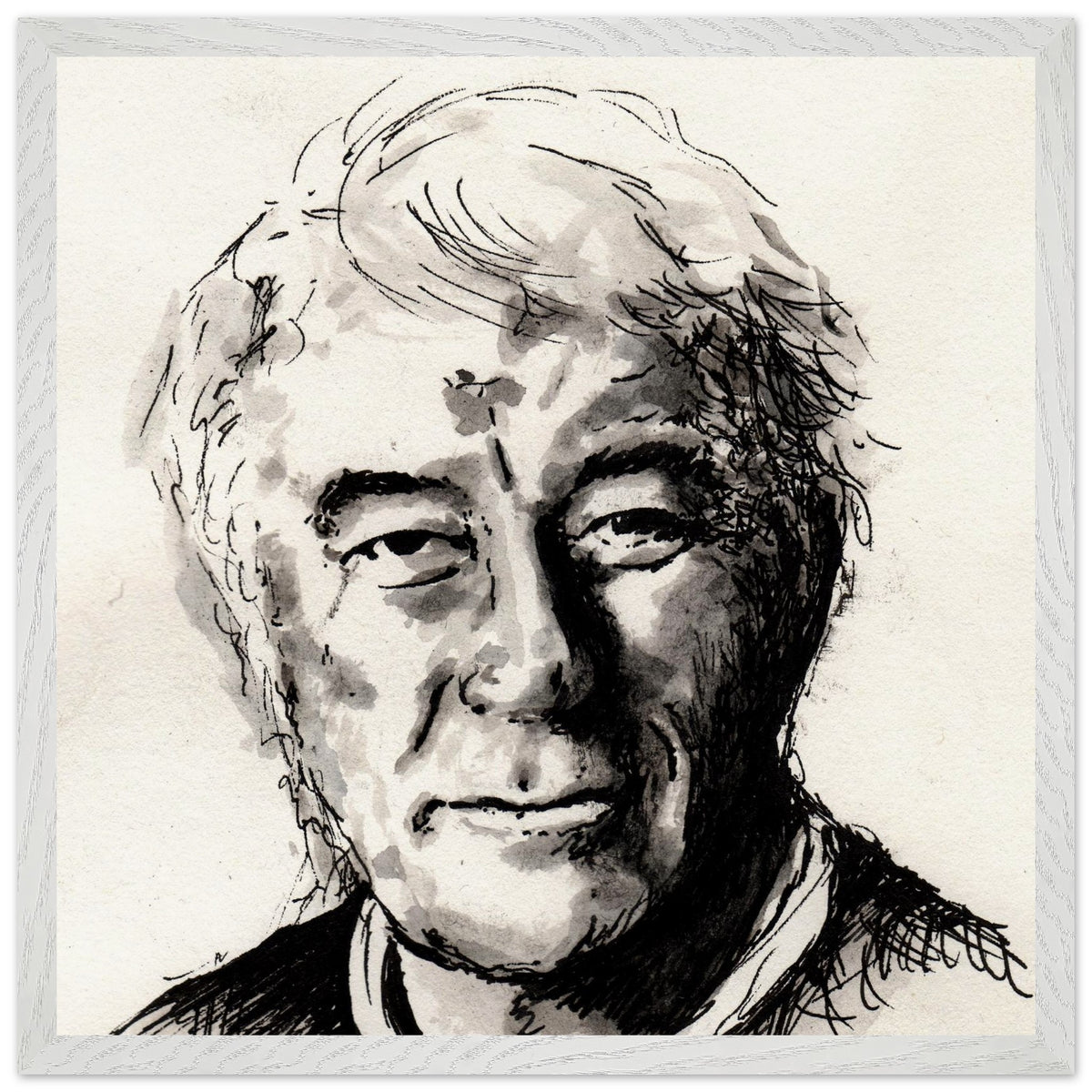 Seamus Heaney portrait The Squat Pen in a large white frame, straight-on view