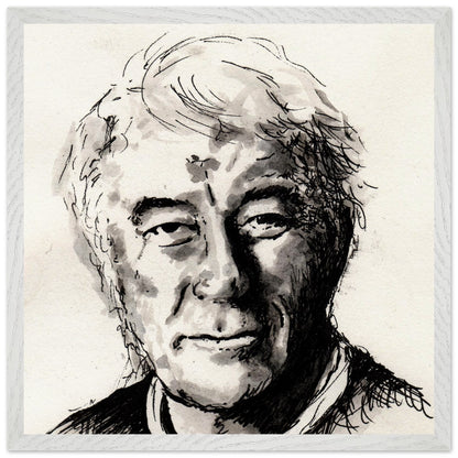 Seamus Heaney portrait The Squat Pen in a large white frame, straight-on view