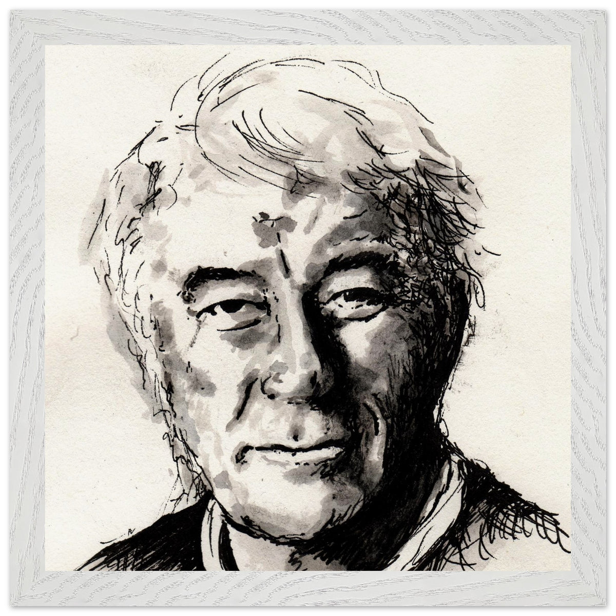 Seamus Heaney portrait The Squat Pen in a white frame, ink drawing of the Irish poet
