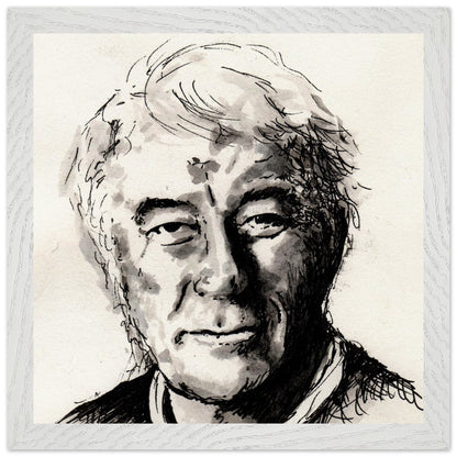 Seamus Heaney portrait The Squat Pen in a white frame, ink drawing of the Irish poet
