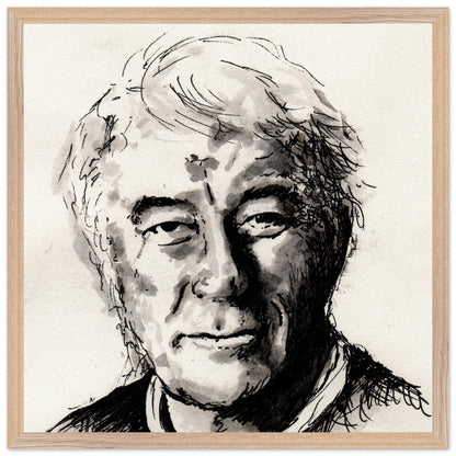 Seamus Heaney portrait The Squat Pen in a large natural wood frame, straight-on view