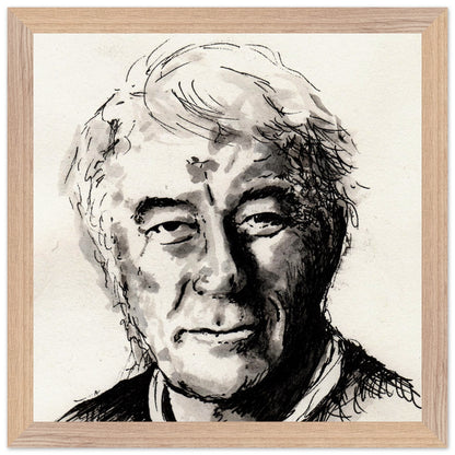 Seamus Heaney portrait The Squat Pen in a natural wood frame, ink drawing of the Irish poet