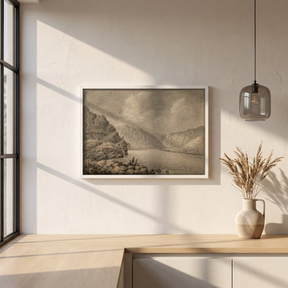 The Upper Lake, Glendalough framed print in a white frame on a plaster wall above an oak worktop in a bright Scandinavian kitchen