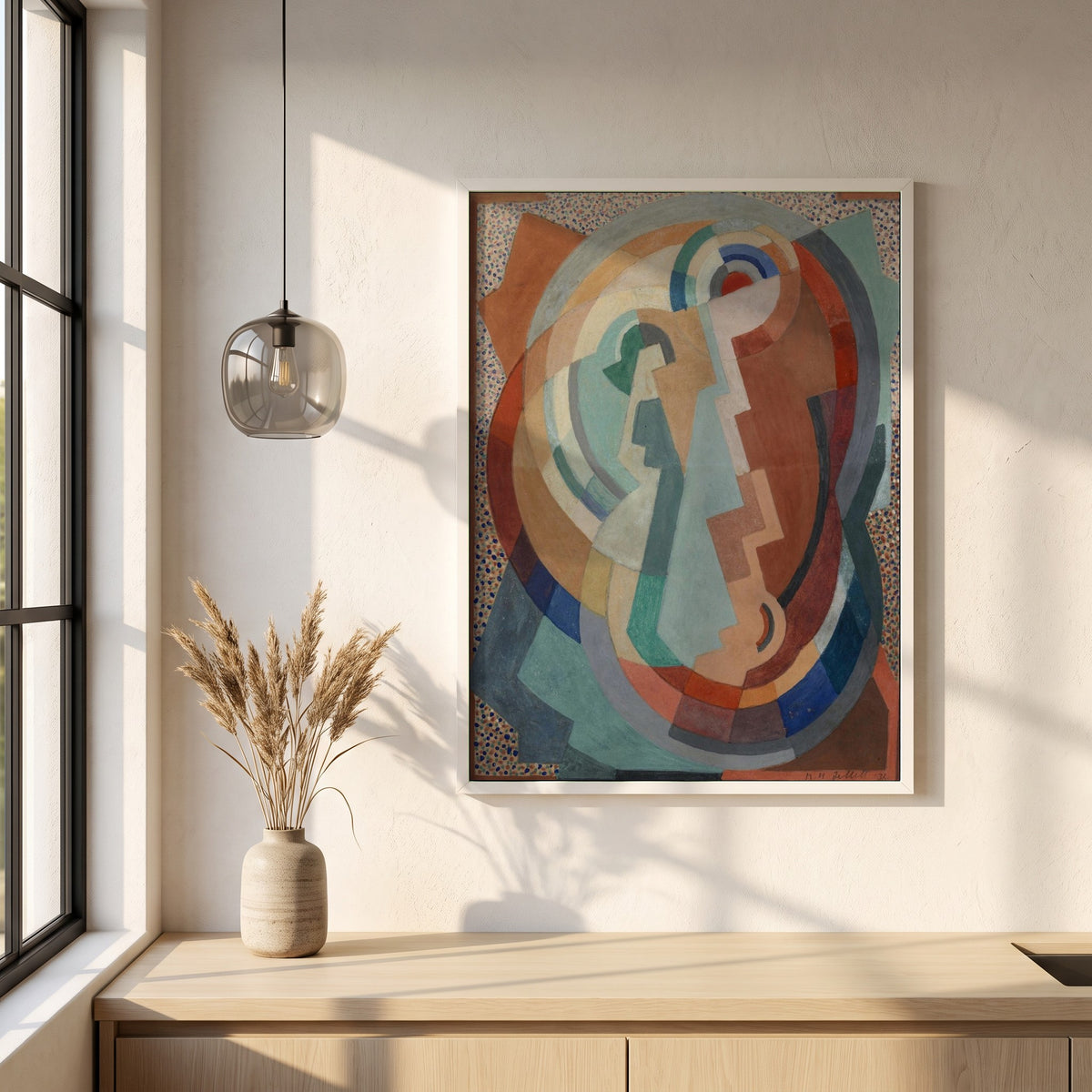 The Virgin and Child framed print in a white frame on a plaster wall above an oak worktop in a bright Scandinavian kitchen