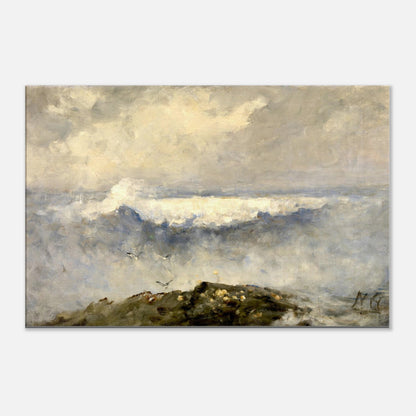 The Wave (c.1890) by Nathaniel Hone the Younger, a wave breaking over dark rocks under a cloudy sky