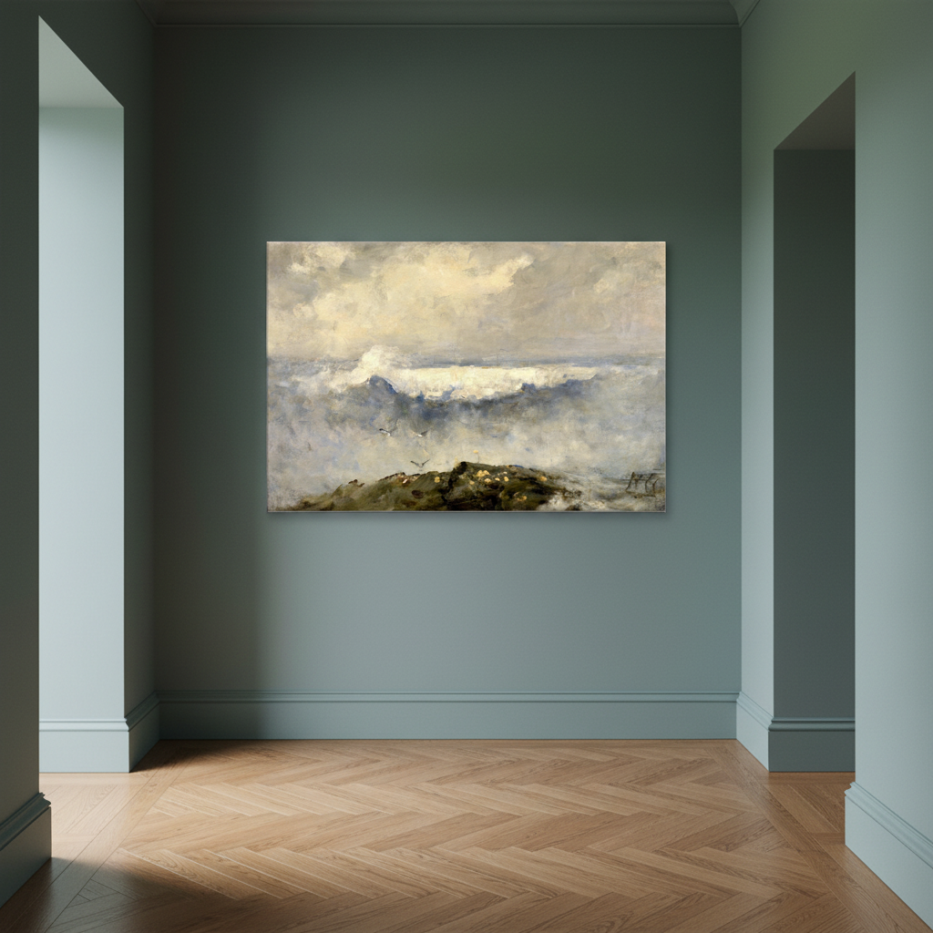 The Wave seascape canvas on a grey-green wall in a hallway with a herringbone wooden floor